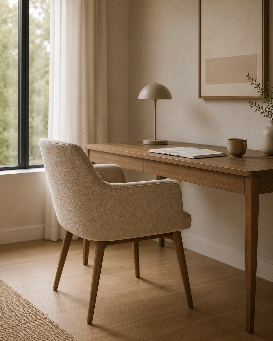 Compact upholstered desk chair at a wooden writing desk